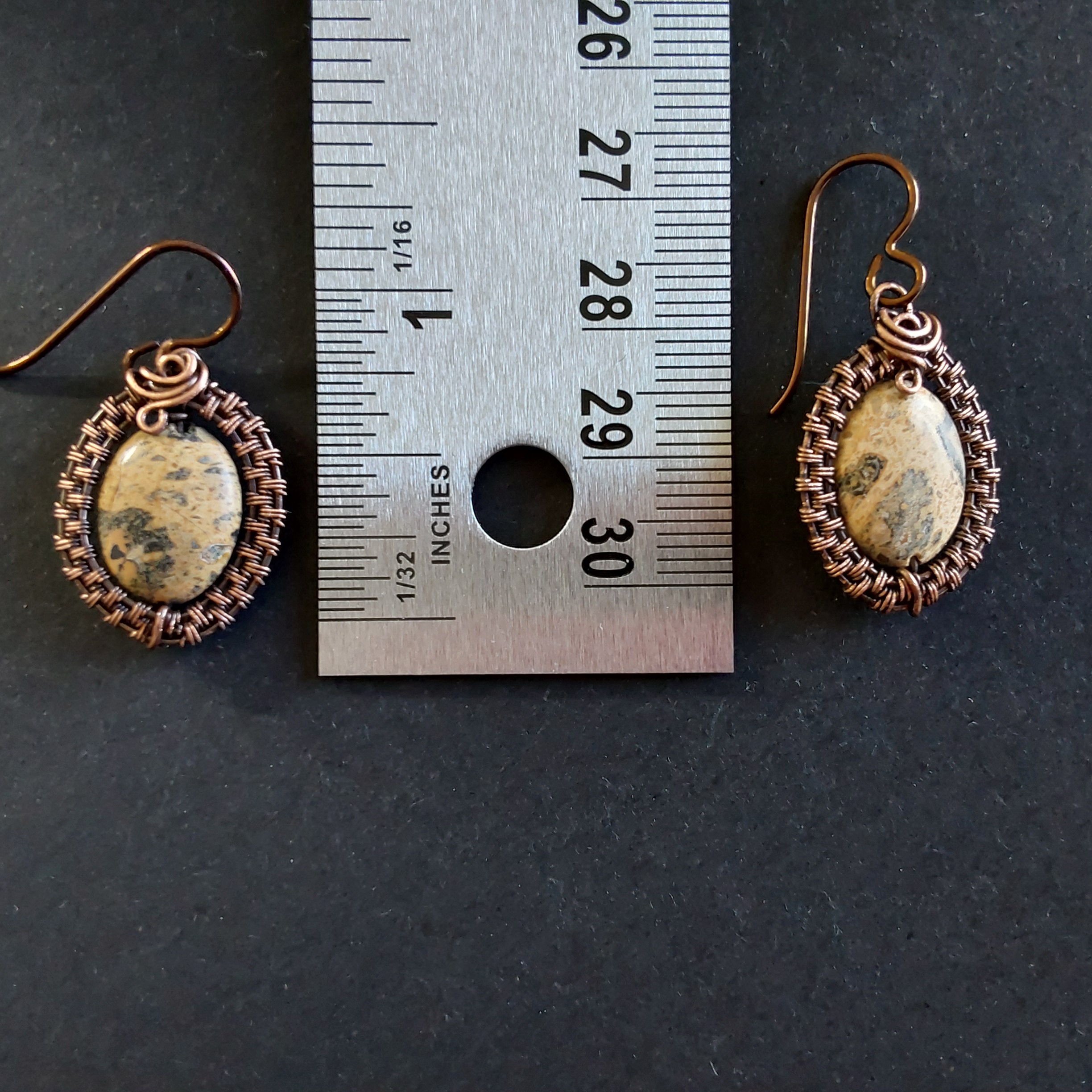 Copper wire weave Picture Jasper dangly earrings with Niobium hypoallergenic ear wires