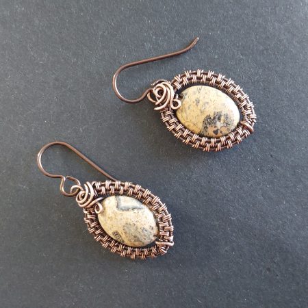 Copper wire weave Picture Jasper dangly earrings with Niobium hypoallergenic ear wires