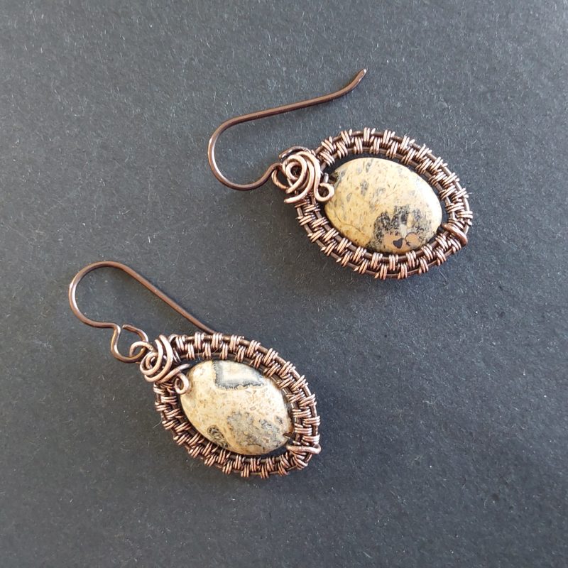Copper wire weave Picture Jasper dangly earrings with Niobium hypoallergenic ear wires