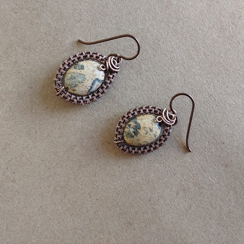 Copper wire weave Picture Jasper dangly earrings with Niobium hypoallergenic ear wires