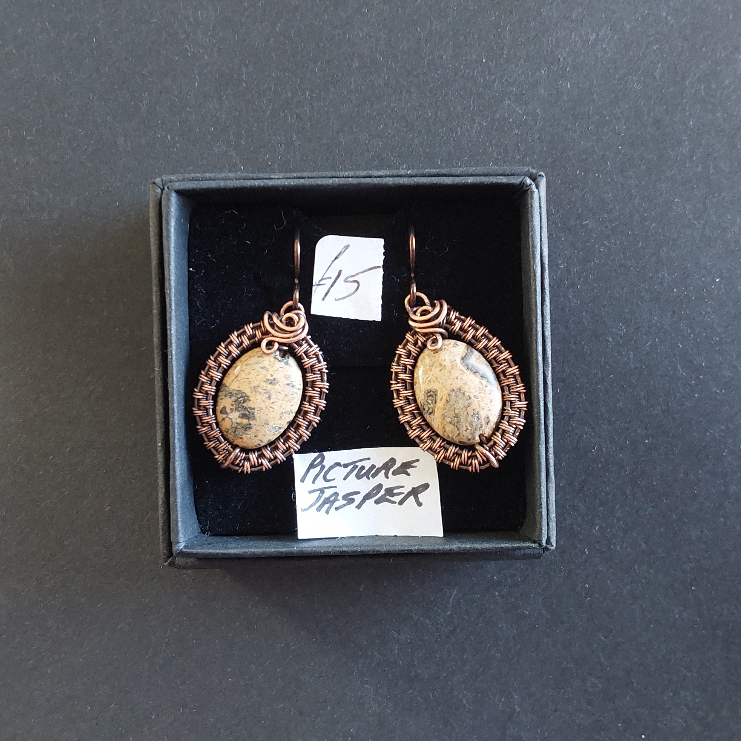 Copper wire weave Picture Jasper dangly earrings with Niobium hypoallergenic ear wires