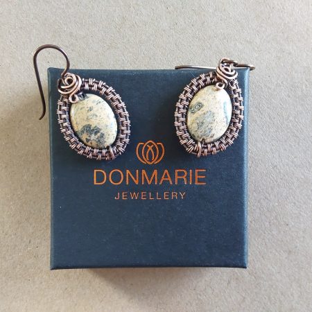 Copper wire weave Picture Jasper dangly earrings with Niobium hypoallergenic ear wires