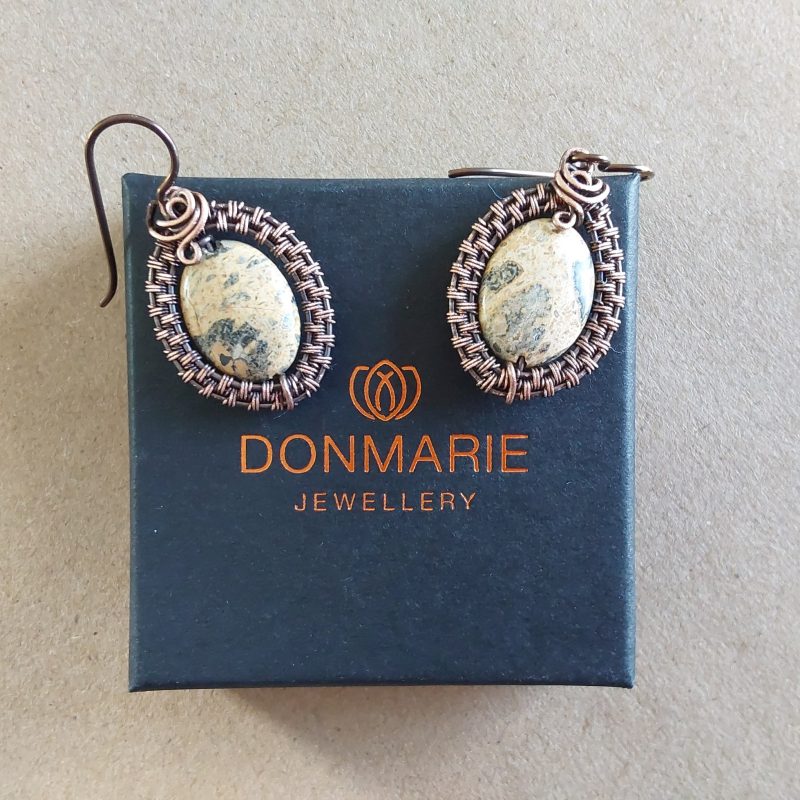 Copper wire weave Picture Jasper dangly earrings with Niobium hypoallergenic ear wires