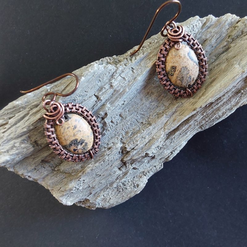 Copper wire weave Picture Jasper dangly earrings with Niobium hypoallergenic ear wires