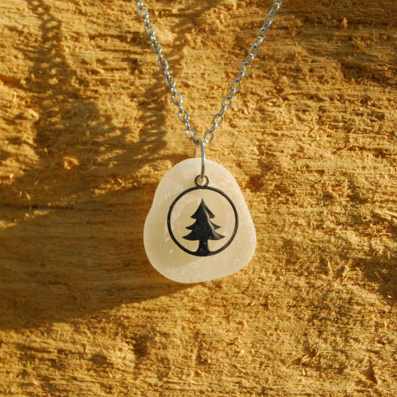 Sea glass pendant with Christmas tree charm