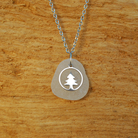 Sea glass pendant with Christmas tree charm
