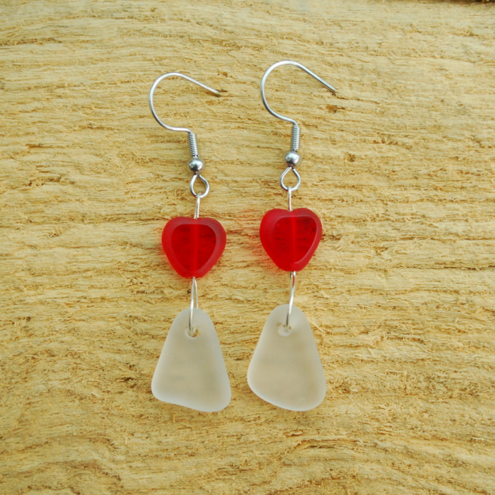 Sea glass earrings with red hearts