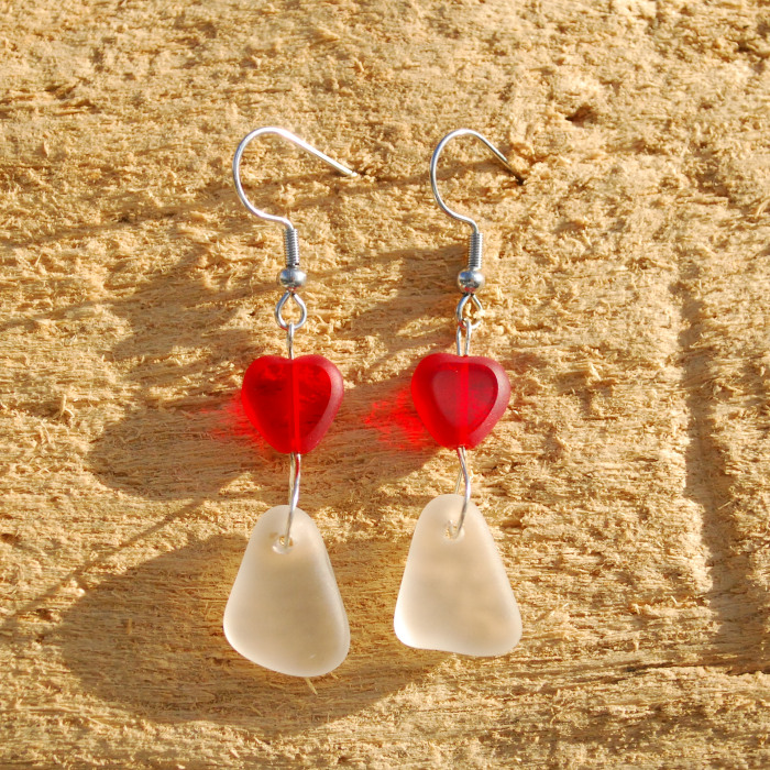 Sea glass earrings with red hearts