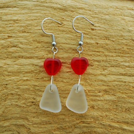 Sea glass earrings with red hearts