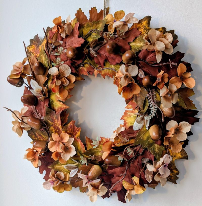 Dark Amber Autumn Leaves & Acorns Seasonal Faux Wreath