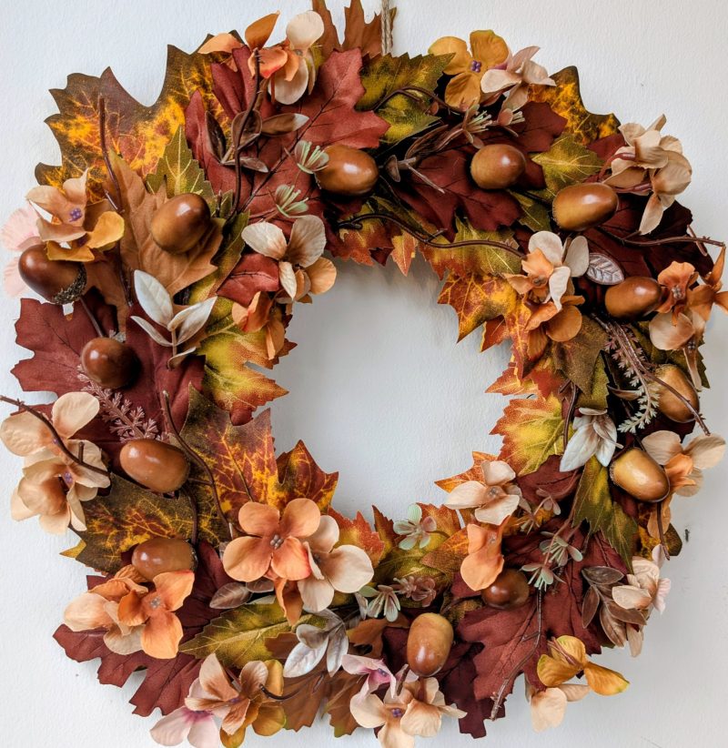 Dark Amber Autumn Leaves & Acorns Seasonal Faux Wreath