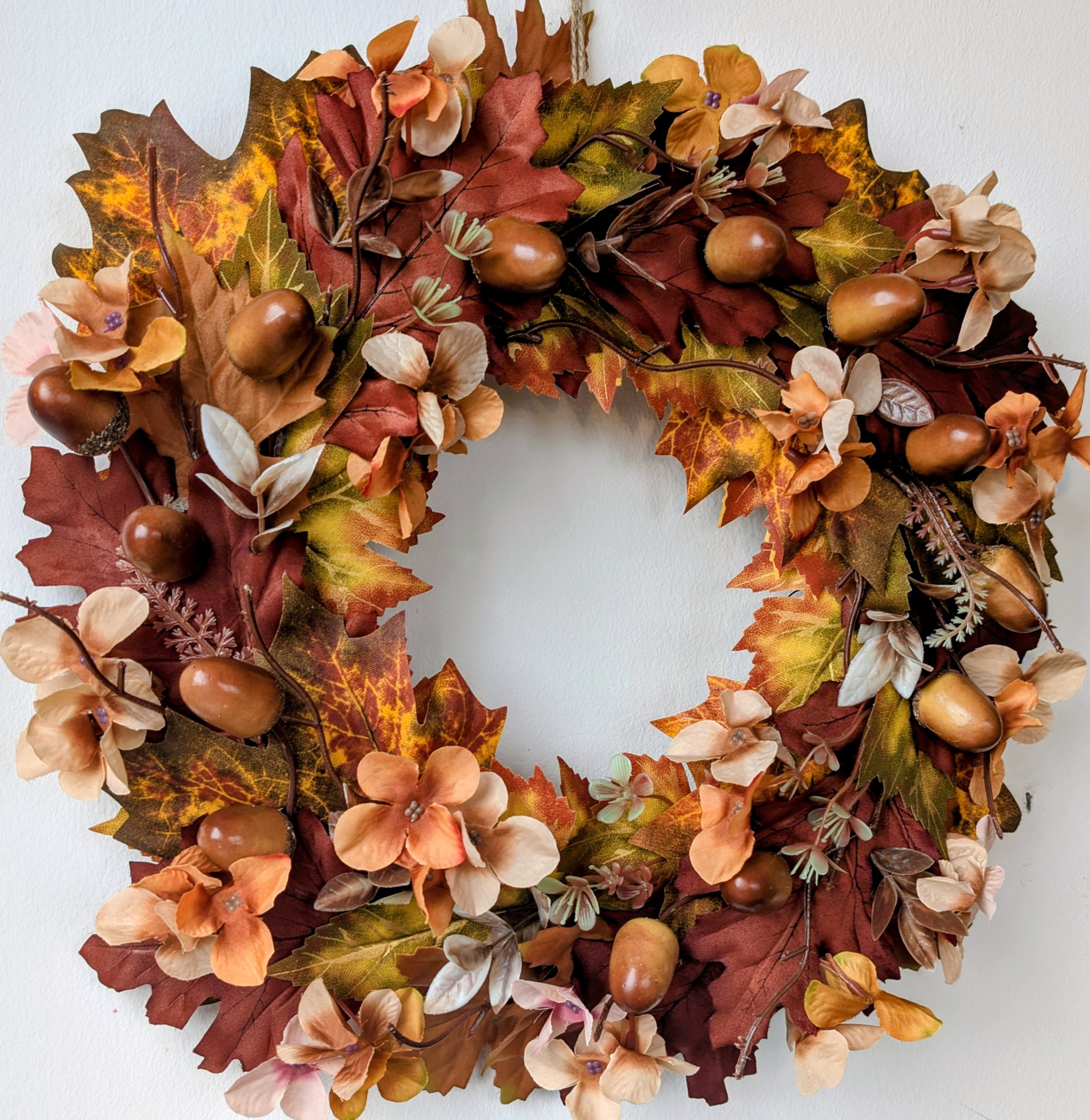 Dark Amber Autumn Leaves & Acorns Seasonal Faux Wreath