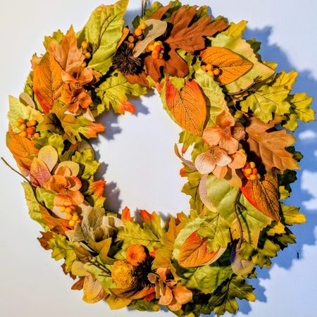 Green & Orange Autumn Leaves Faux Seasonal Wreath