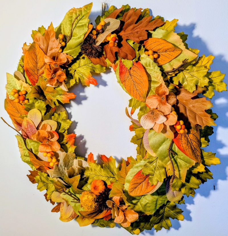 Green & Orange Autumn Leaves Faux Seasonal Wreath