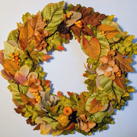 Green & Orange Autumn Leaves Faux Seasonal Wreath
