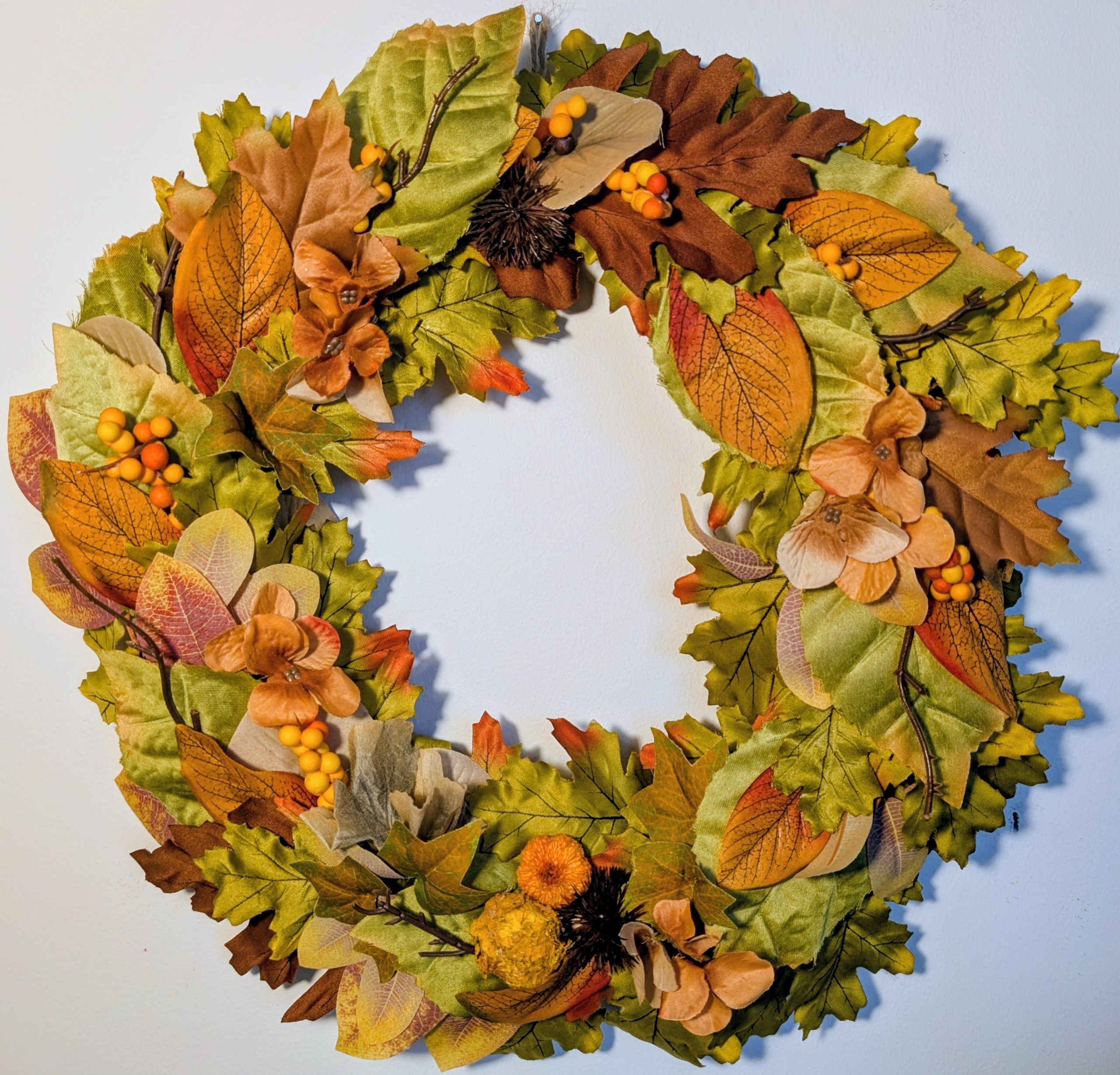 Green & Orange Autumn Leaves Faux Seasonal Wreath