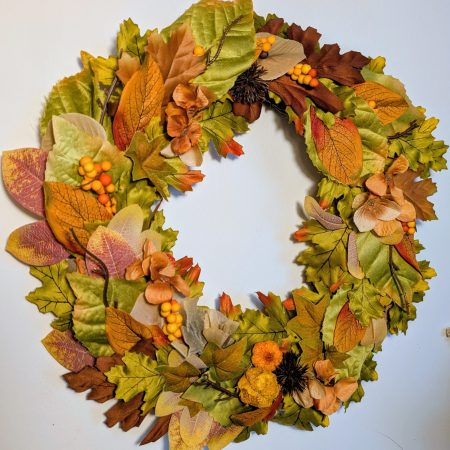 Green & Orange Autumn Leaves Faux Seasonal Wreath