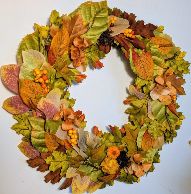 Green & Orange Autumn Leaves Faux Seasonal Wreath