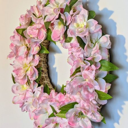 Pink Delphinium and Green Leaves Full Floral Faux Wreath