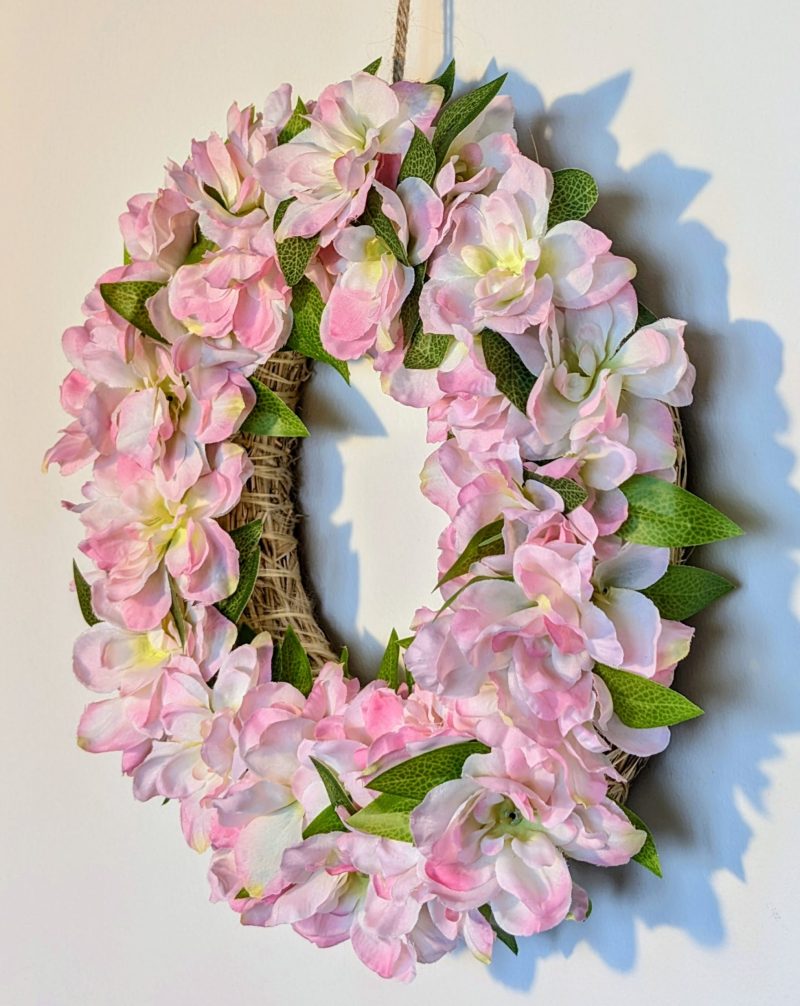 Pink Delphinium and Green Leaves Full Floral Faux Wreath