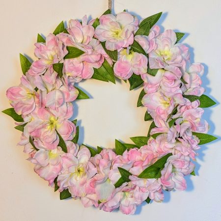Pink Delphinium and Green Leaves Full Floral Faux Wreath