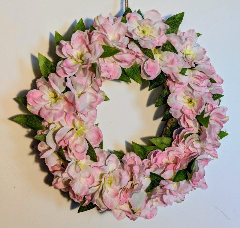 Pink Delphinium and Green Leaves Full Floral Faux Wreath