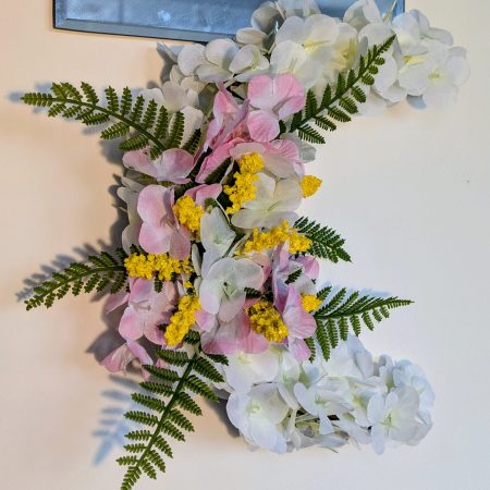 White Hydrangea with Pink and Yellow Centre Crescent Moon Faux Wreath