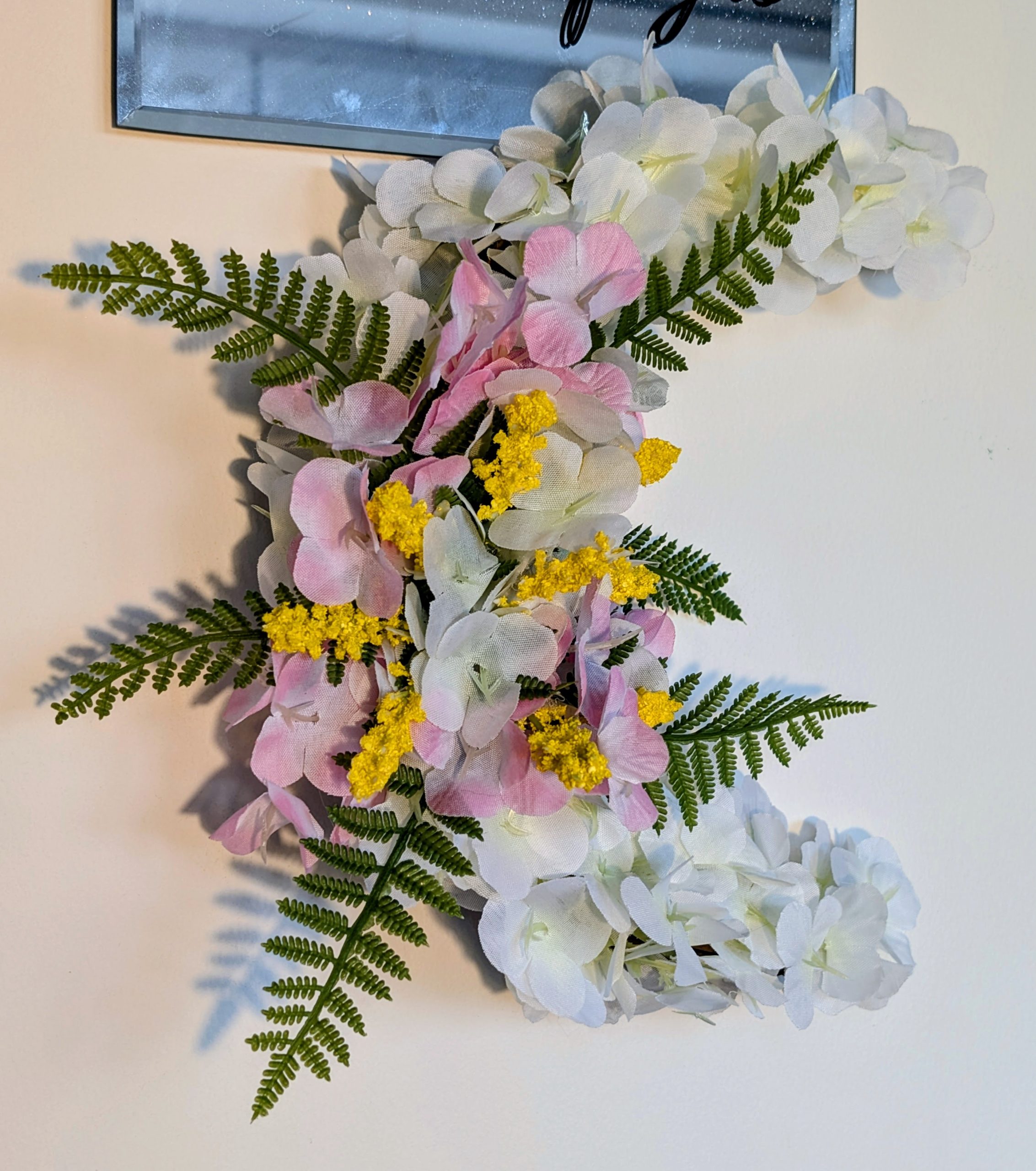 White Hydrangea with Pink and Yellow Centre Crescent Moon Faux Wreath