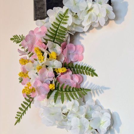 White Hydrangea with Pink and Yellow Centre Crescent Moon Faux Wreath