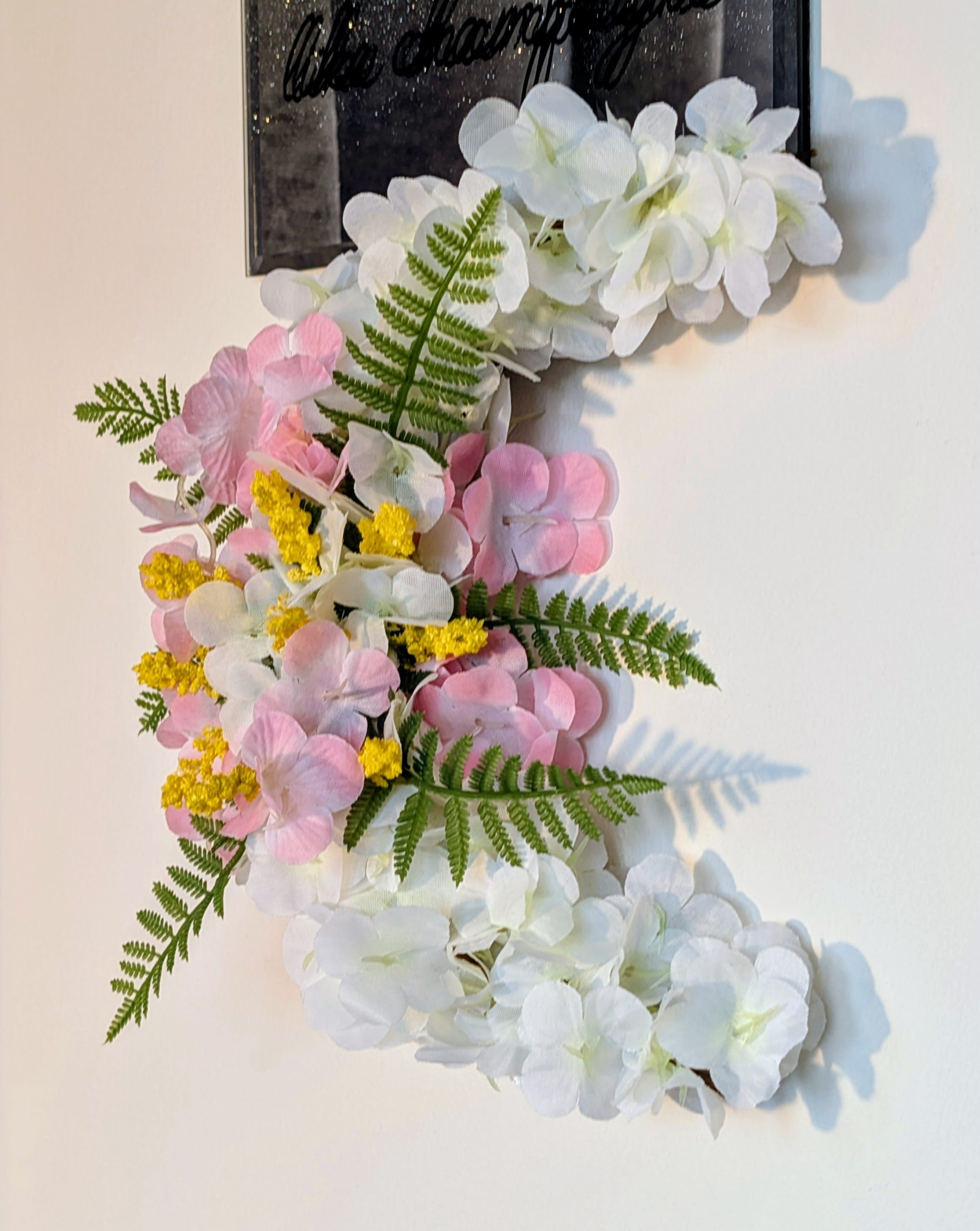 White Hydrangea with Pink and Yellow Centre Crescent Moon Faux Wreath