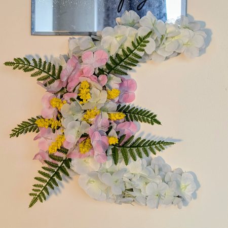 White Hydrangea with Pink and Yellow Centre Crescent Moon Faux Wreath