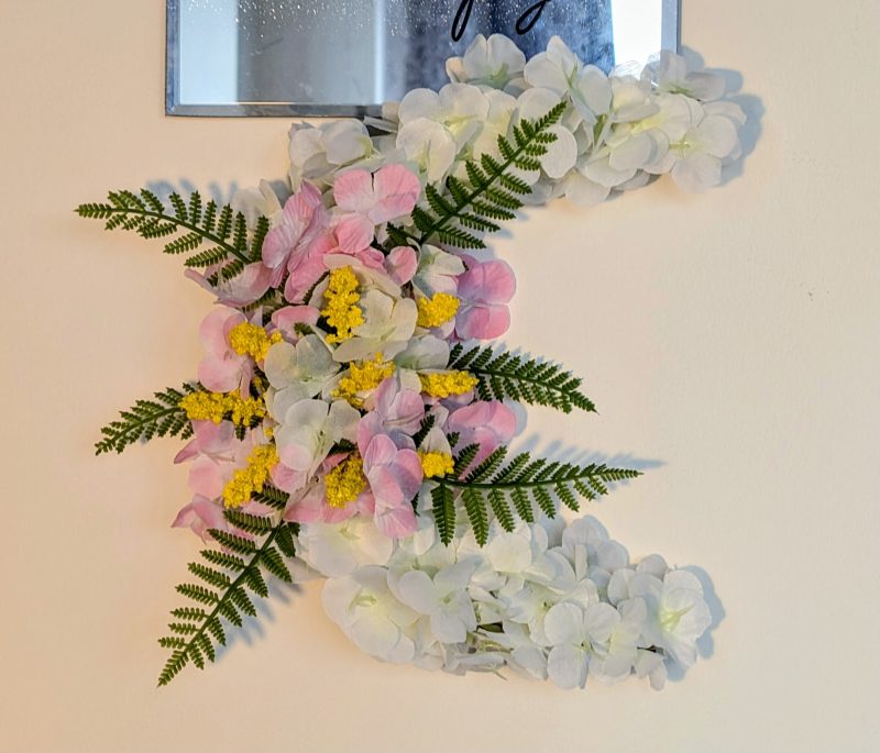 White Hydrangea with Pink and Yellow Centre Crescent Moon Faux Wreath