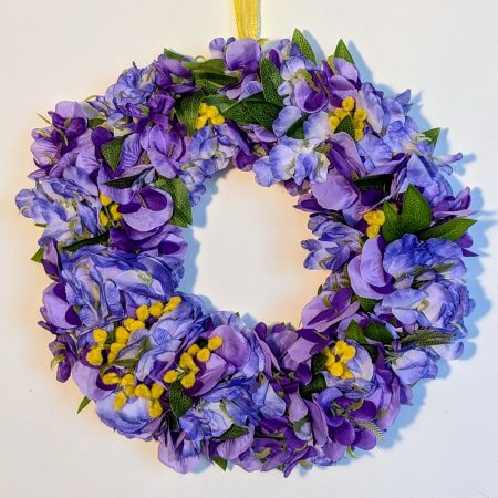 Purple Hydrangeas and Yellow Buds with Green Leaves Faux Floral Wreath