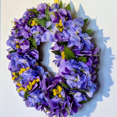 Purple Hydrangeas and Yellow Buds with Green Leaves Faux Floral Wreath