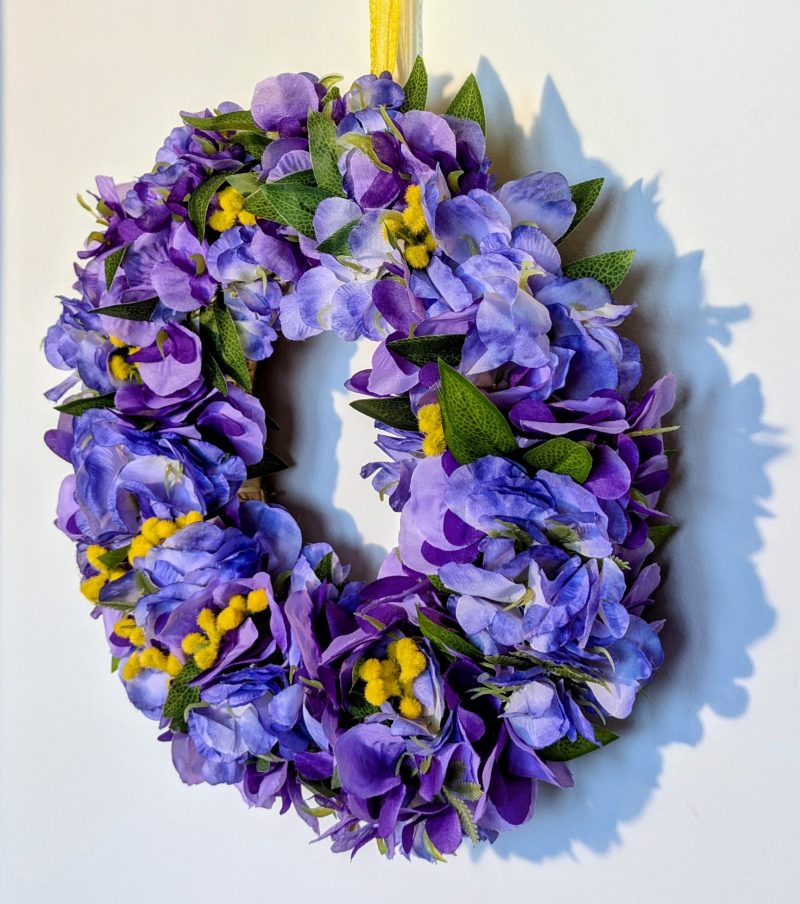Purple Hydrangeas and Yellow Buds with Green Leaves Faux Floral Wreath