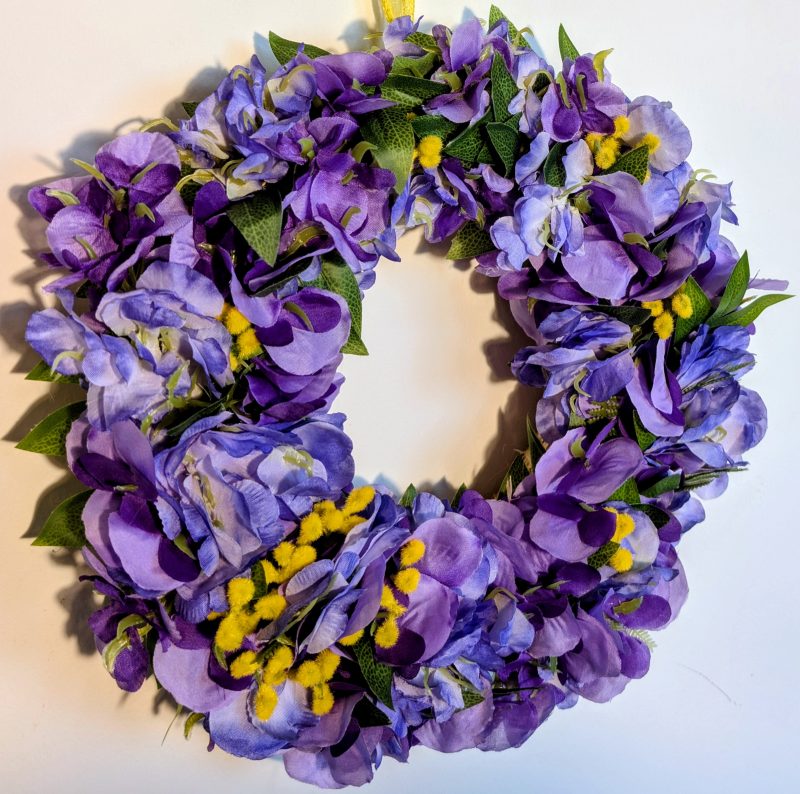 Purple Hydrangeas and Yellow Buds with Green Leaves Faux Floral Wreath