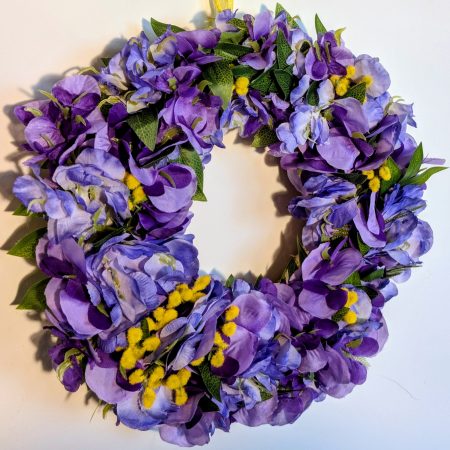 Purple Hydrangeas and Yellow Buds with Green Leaves Faux Floral Wreath