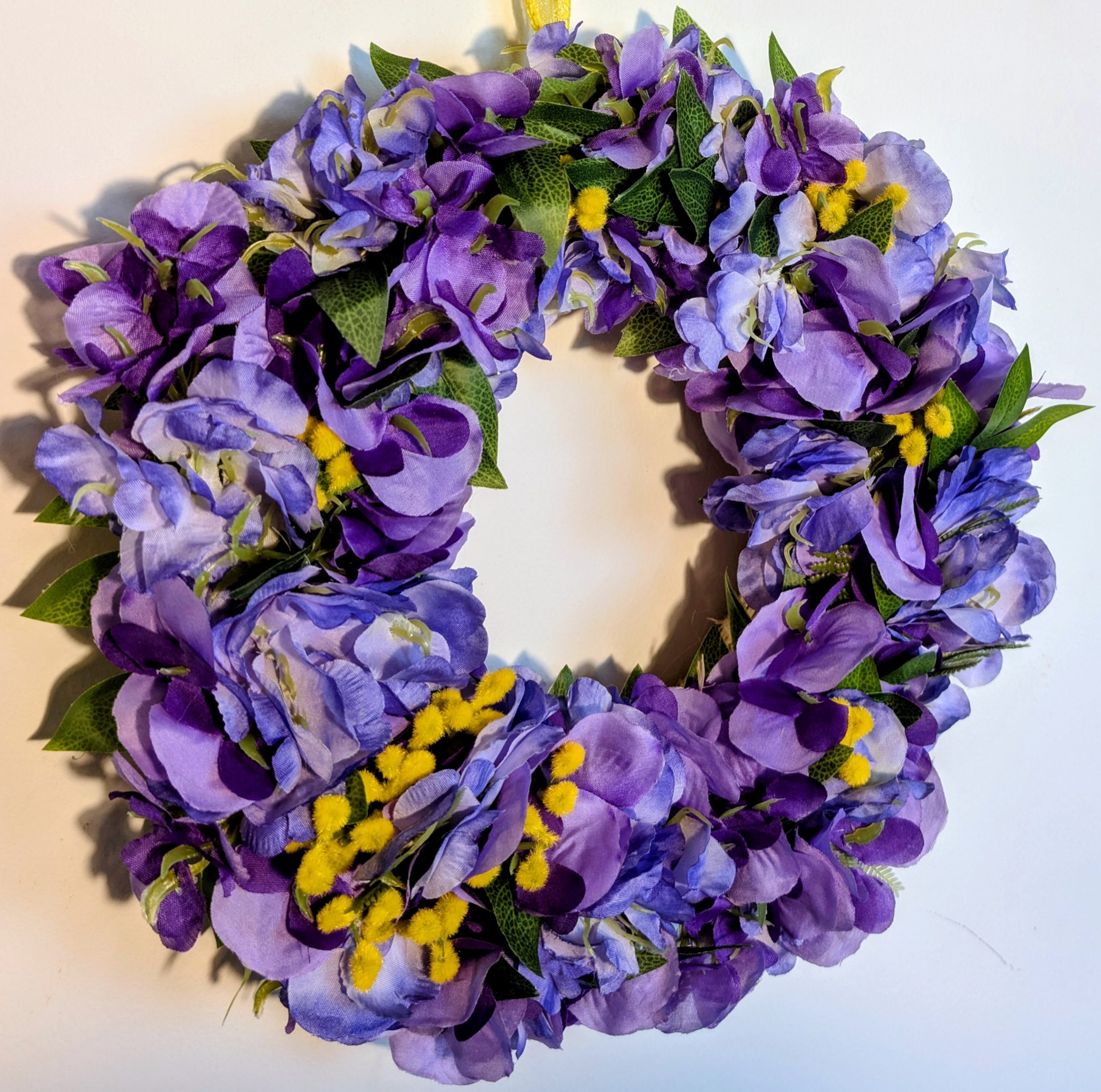 Purple Hydrangeas and Yellow Buds with Green Leaves Faux Floral Wreath