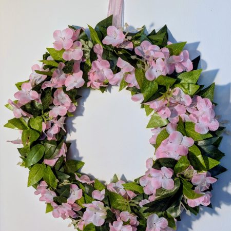 Pink Hydrangea and Green Leaves Faux Floral Wreath