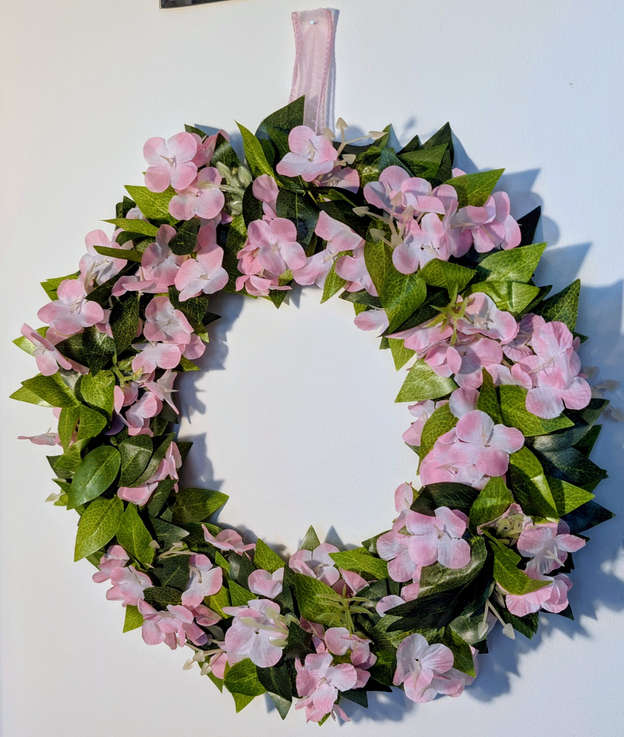 Pink Hydrangea and Green Leaves Faux Floral Wreath