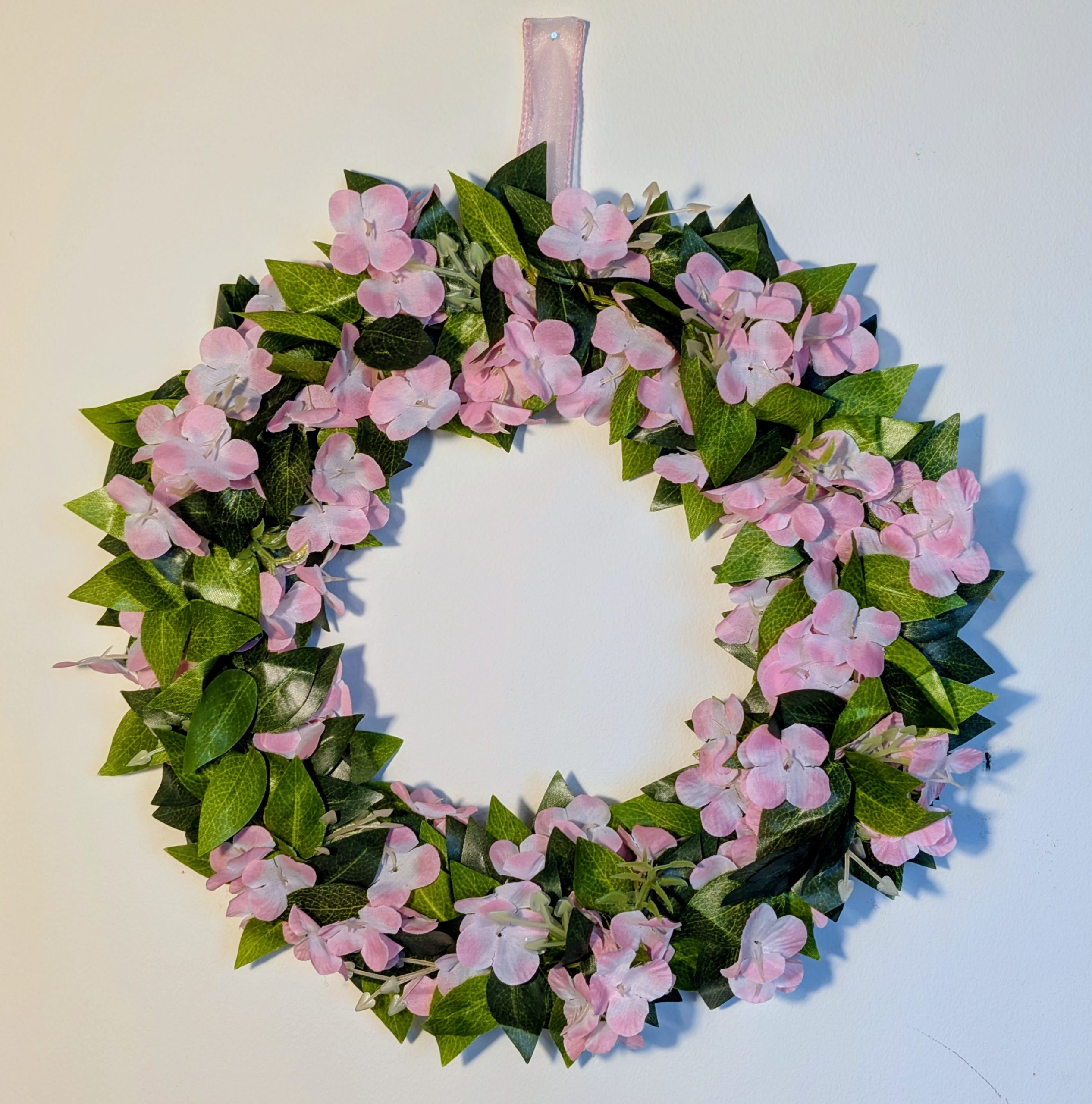 Pink Hydrangea and Green Leaves Faux Floral Wreath