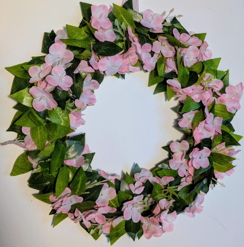 Pink Hydrangea and Green Leaves Faux Floral Wreath