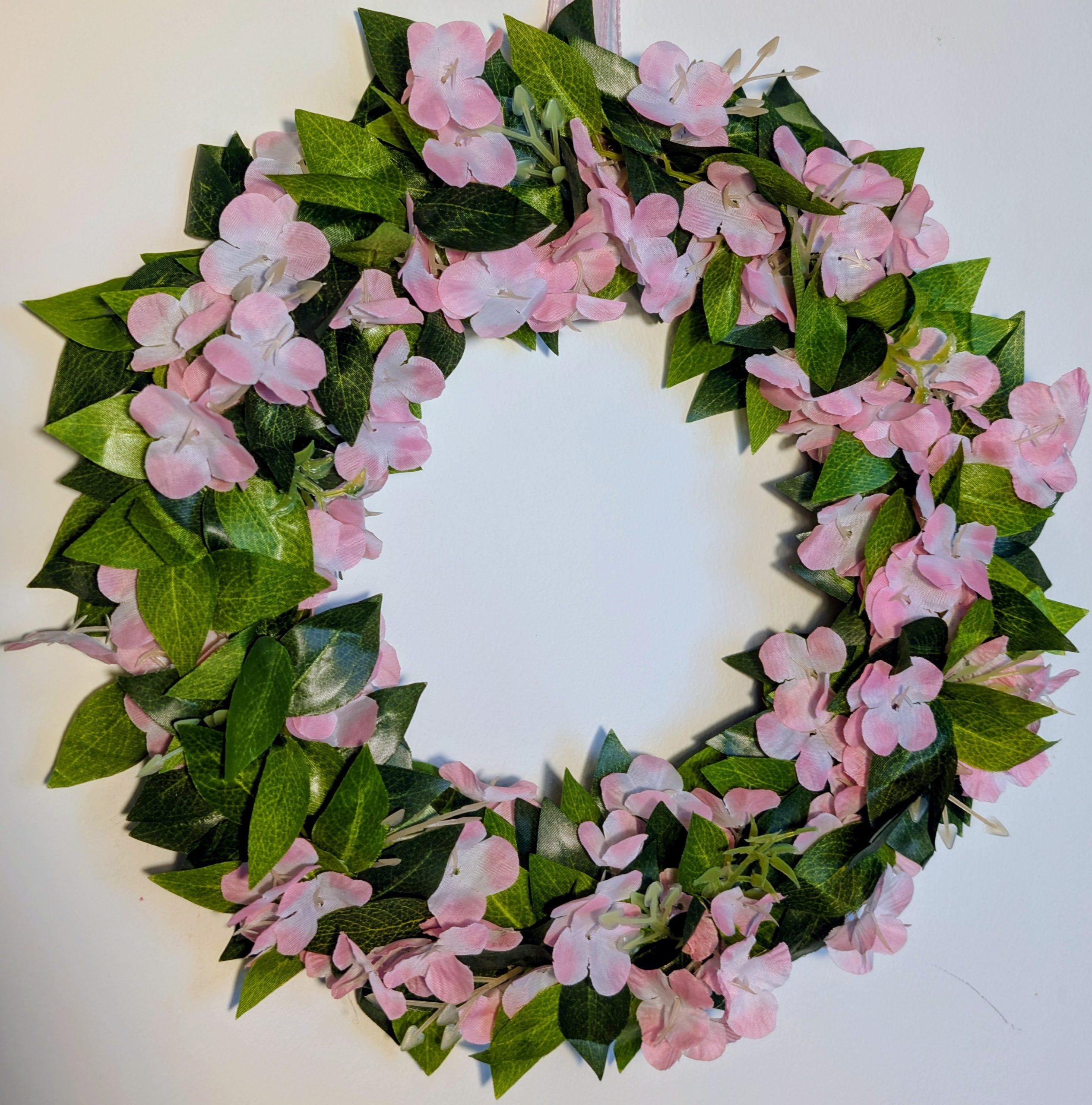 Pink Hydrangea and Green Leaves Faux Floral Wreath