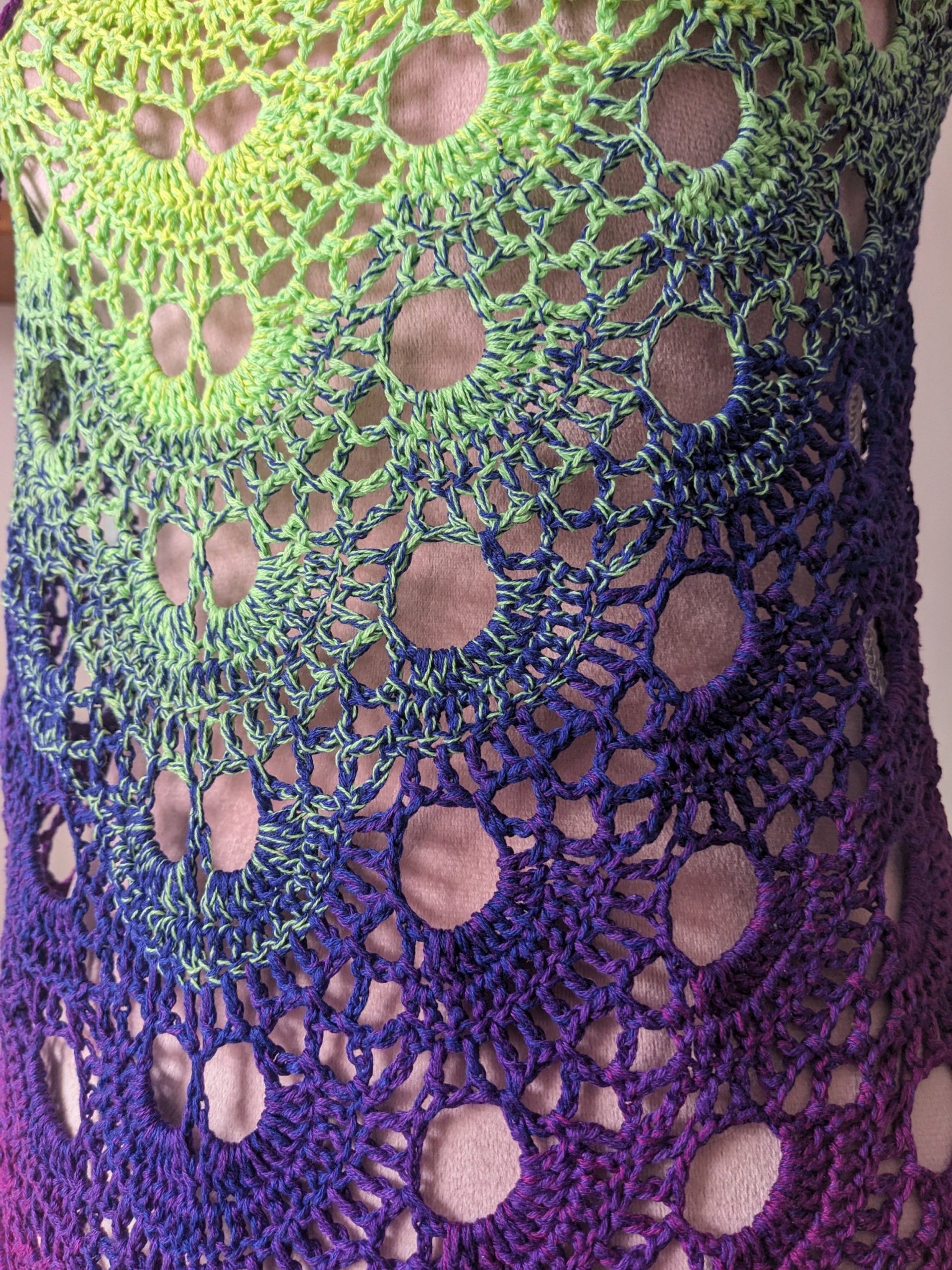 Crocheted Shawl in Bright Green and Purple