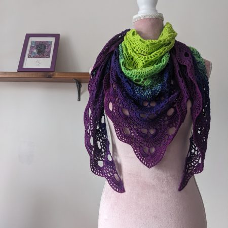 Crocheted Shawl in Bright Green and Purple