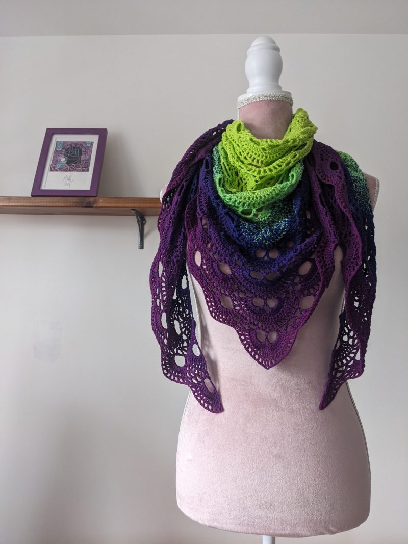 Crocheted Shawl in Bright Green and Purple