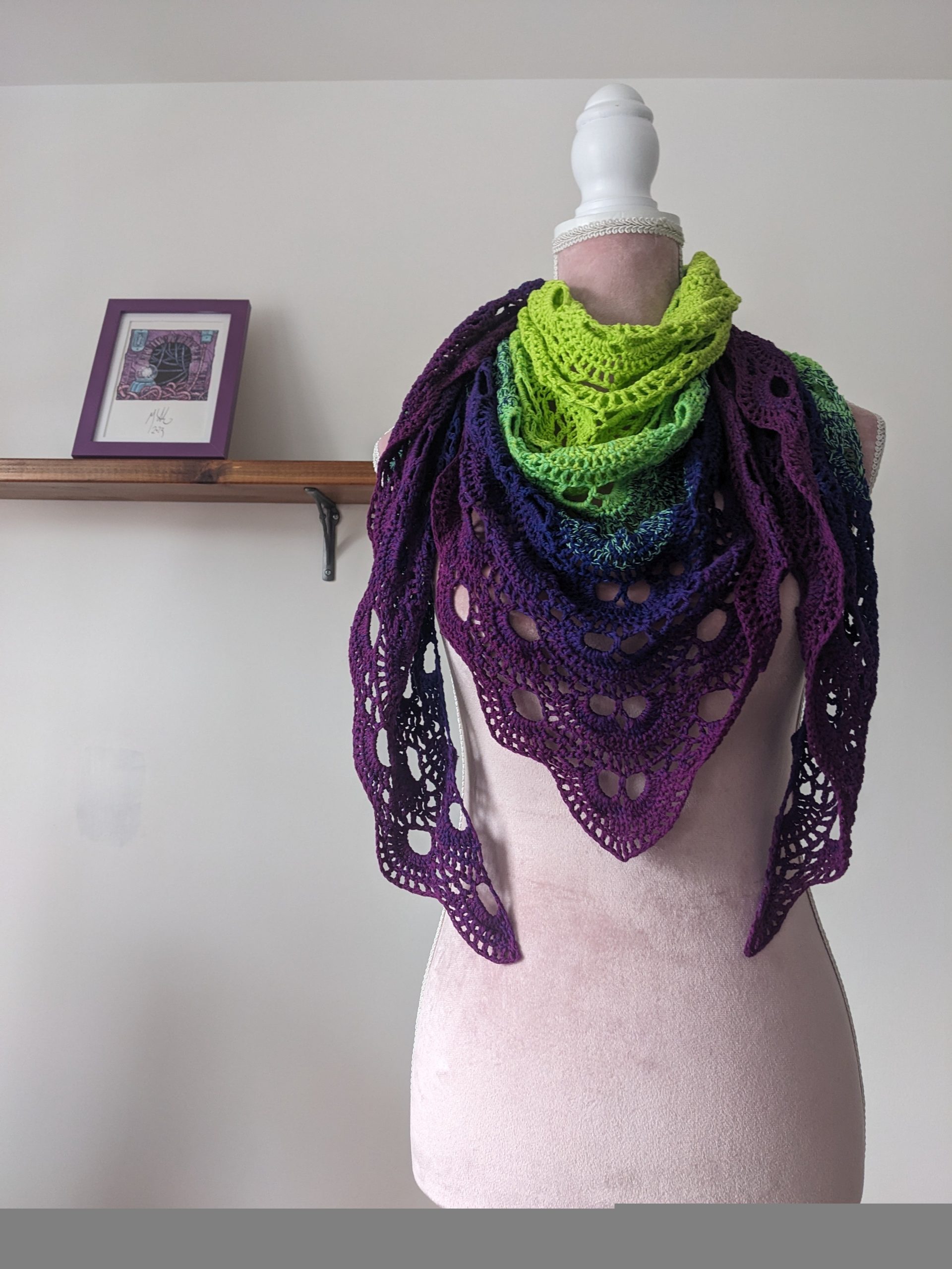 Crocheted Shawl in Bright Green and Purple
