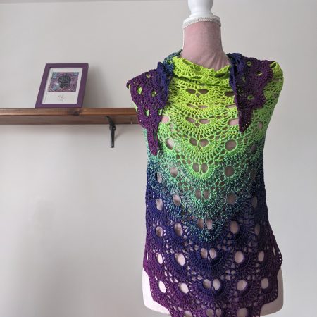 Crocheted Shawl in Bright Green and Purple