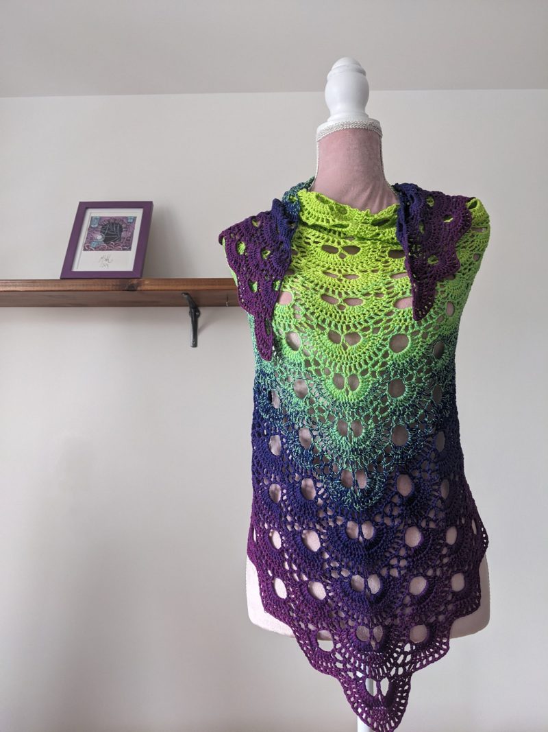 Crocheted Shawl in Bright Green and Purple
