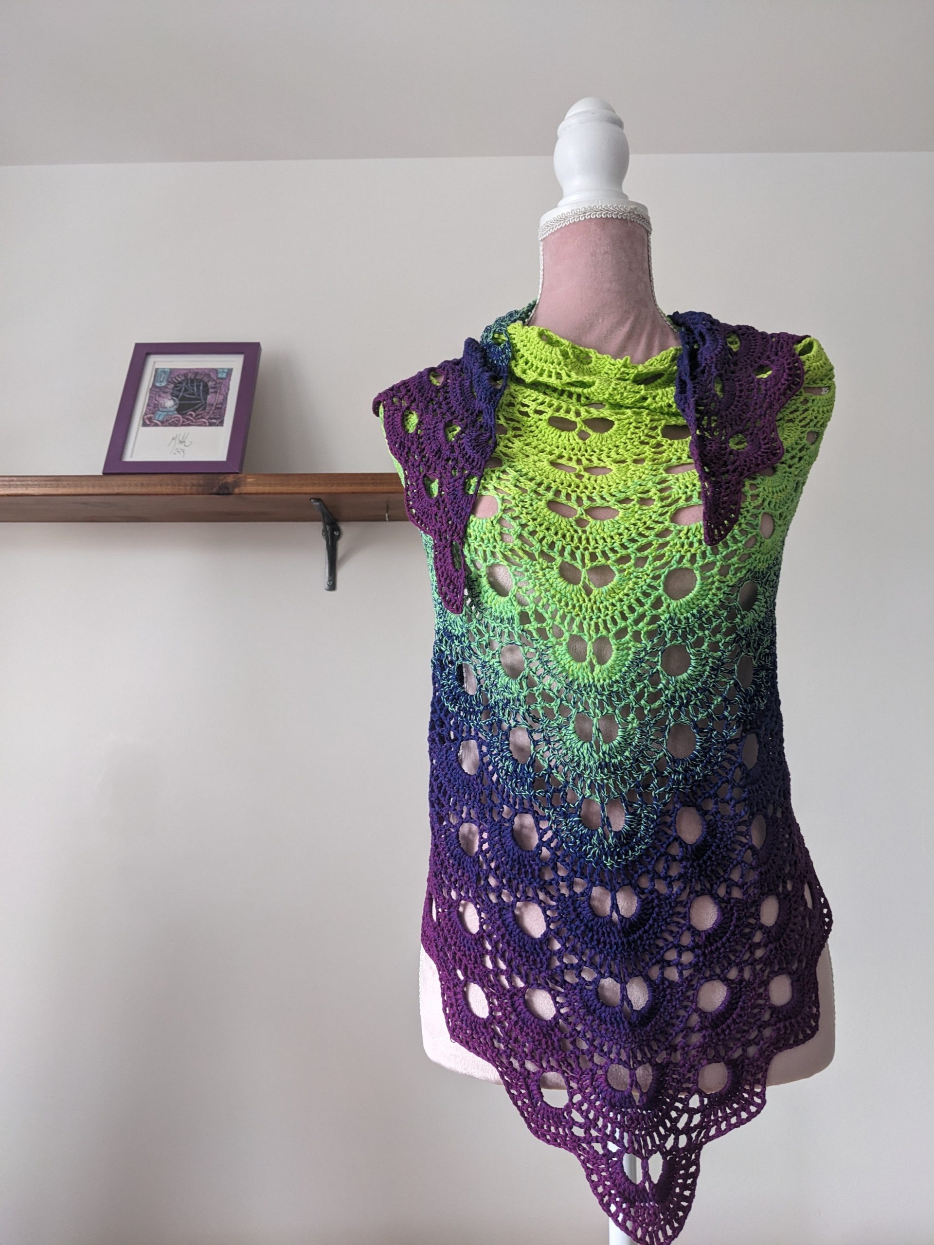Crocheted Shawl in Bright Green and Purple
